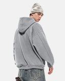 back view of washed hoodie with raw edge hood seam