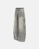 grey deconstructed barrel jeans product side view