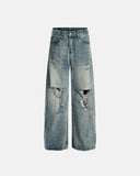 bamboo weave distressed baggy jeans front view
