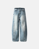 washed blue bamboo weave baggy jeans front view