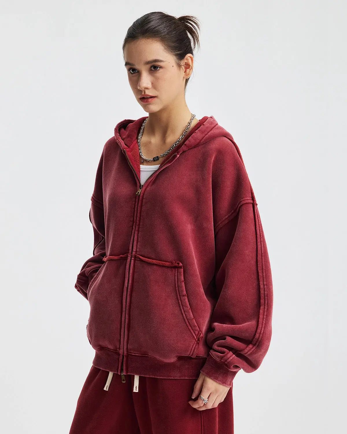 INFLATION Washed Distressed Fleece Zip Up Hoodies