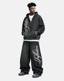 Washed Script Graphic Zip Up Hoodie | Inflation Streetwear
