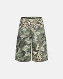 Leopard camo cargo longline shorts front and back view