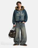 model styling graphic denim hooded jacket full-body front view