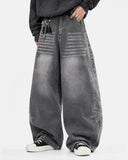 model wearing rhinestone barrel jeans