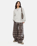 Rhinestone Script Plaid Barrel Pants | Inflation Streetwear