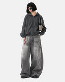 snow washed zip up hoodie styled with matching barrel jeans
