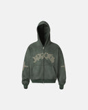 olive green zip up hoodie with suede applique chest graphic