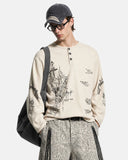 model wearing apricot waffle graphic henley long sleeve t shirt