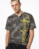 Faded gray leopard T-shirt with half-button Henley neckline