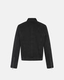 black stand collar denim jacket back view
