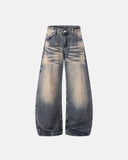 bamboo weave dirty wash barrel jeans front view
