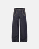 side lace-up black raw baggy jeans front view