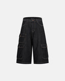 raw denim longline cargo jorts with adjustable waist tabs and pockets
