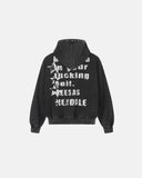 back product view of black hoodie with distressed text print