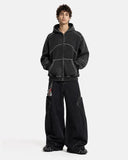 Contrast Stitch Boxy Zip Up Hoodie | Inflation Streetwear