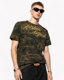 All-over camouflage boxy T-shirt with bold script chest lettering