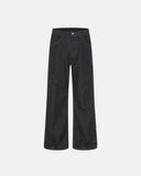dark raw denim bootcut jeans with contrast stitching and deconstructed seam detail