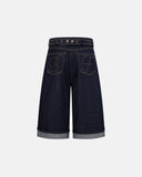 back buckle baggy denim jorts front view