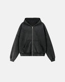 front product view of black washed full zip hoodie