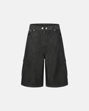 black cargo longline jorts front view