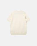 detail view of ribbed crew neck knit pullover