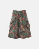 Floral camo cargo longline shorts front and back view