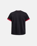 black short sleeve t shirt back view with red inner detail