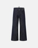 dark raw denim baggy jeans with adjustable back strap