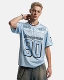 light blue oversized mesh jersey with number print