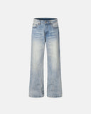 light blue whisker wash bootcut jeans front view