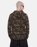 back view model wearing olive camo high-neck hoodie