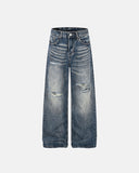 whisker wash distressed baggy jeans front view