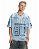 varsity style jersey with striped v neck collar