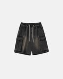 mens loose fit denim shorts with cargo pockets and elastic waistband