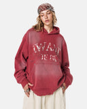 model wearing red washed rhinestone graphic hoodie front view
