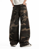 camo barrel jeans with adjustable cinch back waist detail