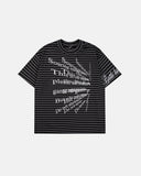 front view of oversized striped raglan t-shirt with text print