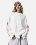 model front view wearing white floral sleeve waffle t shirt