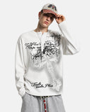 model upper body wearing white graphic henley long sleeve tee