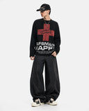 full body outfit with black waffle graphic long sleeve t shirt