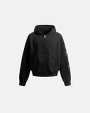 front view of cropped zip up hoodie with graphic sleeves