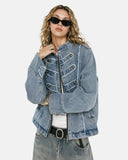 model wearing light blue stand collar denim jacket front view