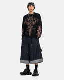 full body outfit with gothic waffle long sleeve t shirt and wide shorts