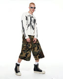 full-body streetwear outfit with camo cargo longline shorts and streetwear Tshirt