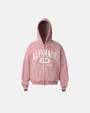 front product view of pink puff print zip hoodie