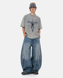 model wearing wax-dyed oversized cotton tee light gray full outfit