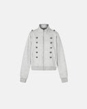 grey silver button stand collar zip jacket front view