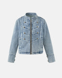 light blue napoleon-inspired cropped denim jacket front view