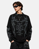 model wearing black waffle graphic layered polo shirt